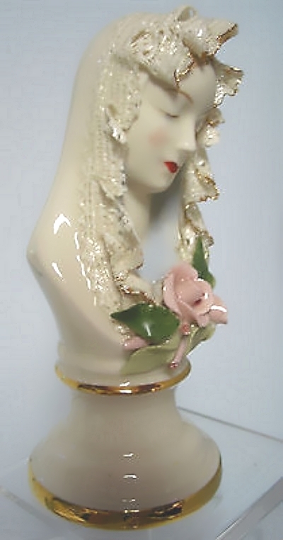 Madonna with lacy veil and rose on pedestal view 2