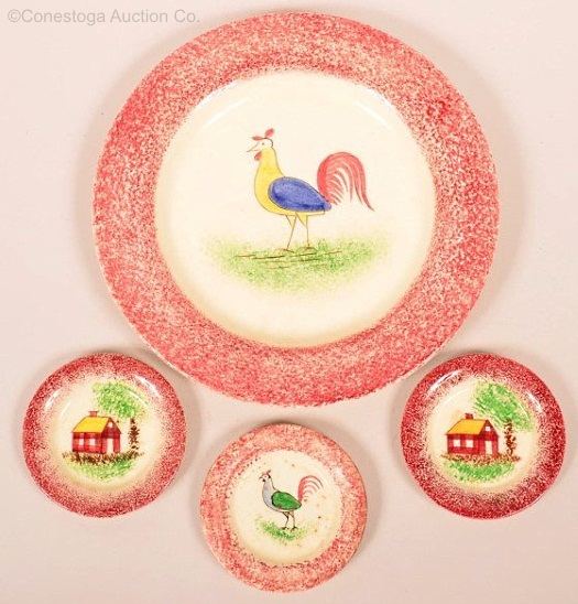 4 assorted RED SPATTERWARE REPRODUCTION PLATES by Cybis circa 1940s