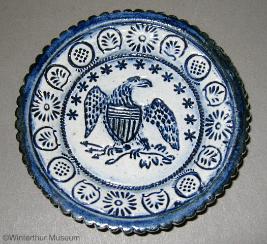 EAGLE CUP PLATE pressed blue on white by Cybis 1940s