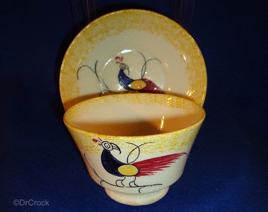 PEAFOWL CUP AND SAUCER yellow edge spatterware by Cybis view 2