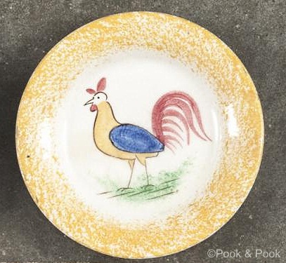 ROOSTER CUP PLATE yellow edge Cybis spatterware 1940s