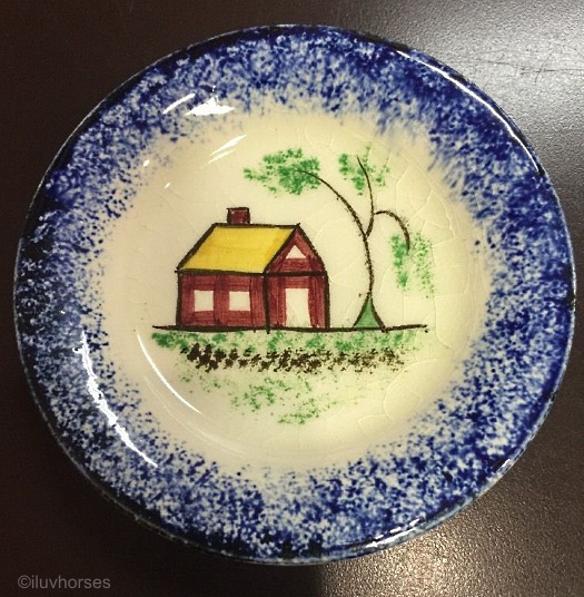 SCHOOLHOUSE CUP OR TODDY PLATE blue edge Cybis spatterware 1940s