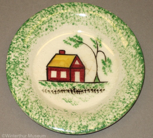 SCHOOLHOUSE CUP PLATE green spatterware by Cybis 1940s