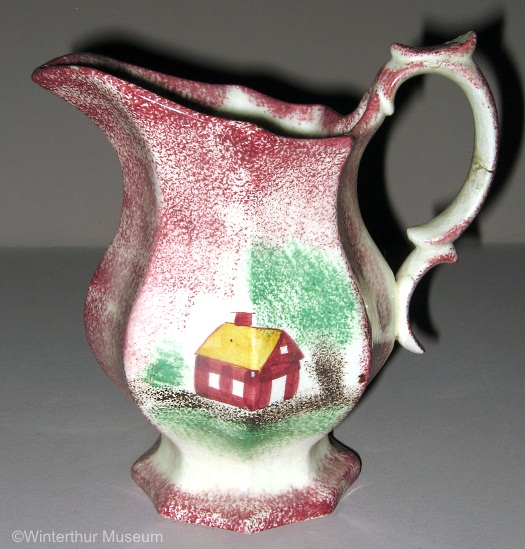 SCHOOLHOUSE OCTAGONAL CREAMER red spatterware by Cybis 1940s