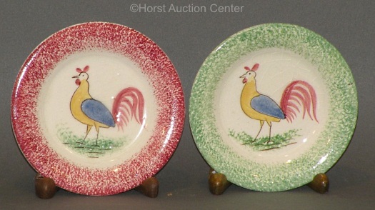 two ROOSTER SPATTERWARE REPRODUCTION PLATES by Cybis circa 1940s