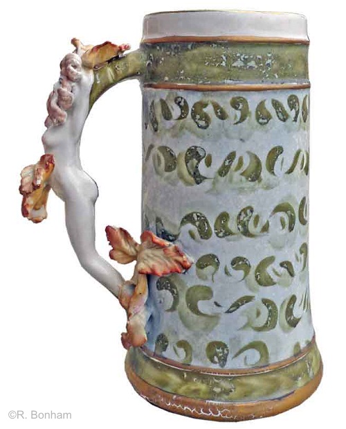 female handle mug with autumn leaves and green accents by Cybis 1950s view 3