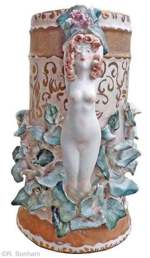 female handle mug with teal leaves and gilt accents by Cybis 1950s view 1