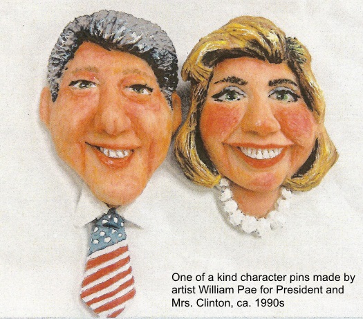 Bill and Hilllary Clinton character pins made by artist William Pae